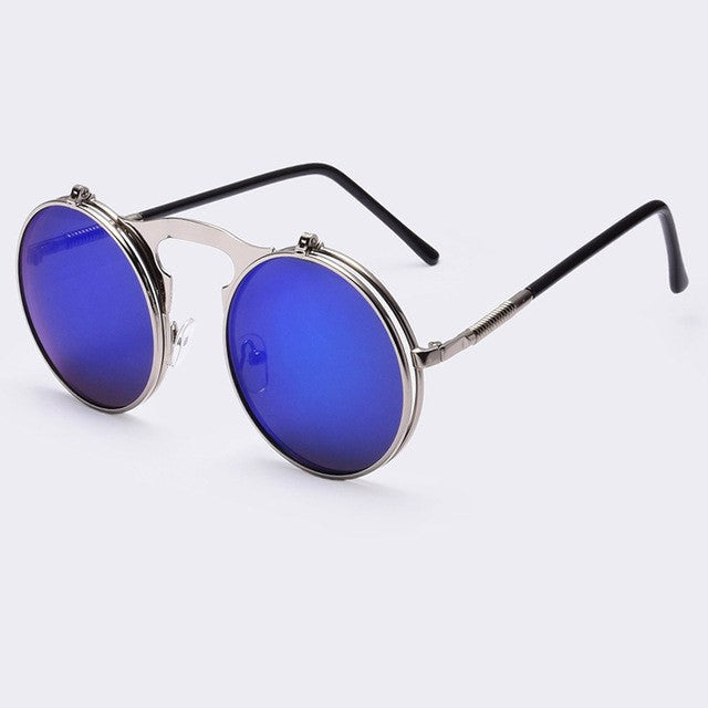 Silver Narrow Flexible Round Tinted Sunglasses with Blue Sunwear Lenses -  Melo