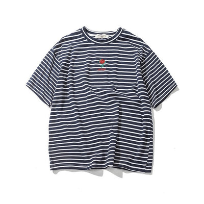 "Rosey Distance" Embroidered Striped Mens T-Shirt