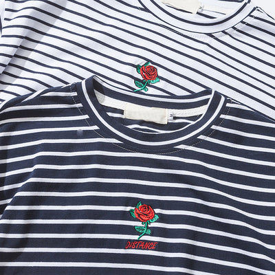 "Rosey Distance" Embroidered Striped Mens T-Shirt