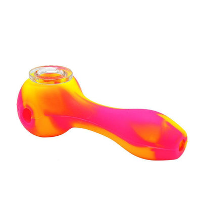 pink and yellow silicone pipe with glass bowl