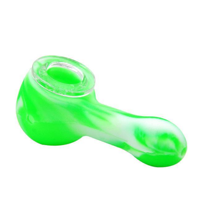 green and white silicone pipe with glass bowl