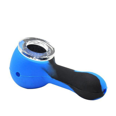 black and blue silicone pipe with glass bowl