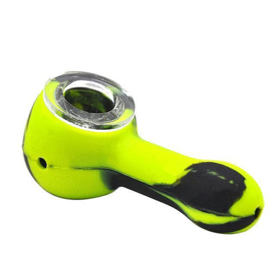 Black and yellow silicone pipe with glass bowl