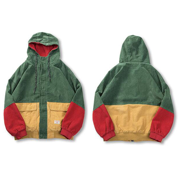"Jaded Emerald" Patchwork Corduroy Hooded Jacket